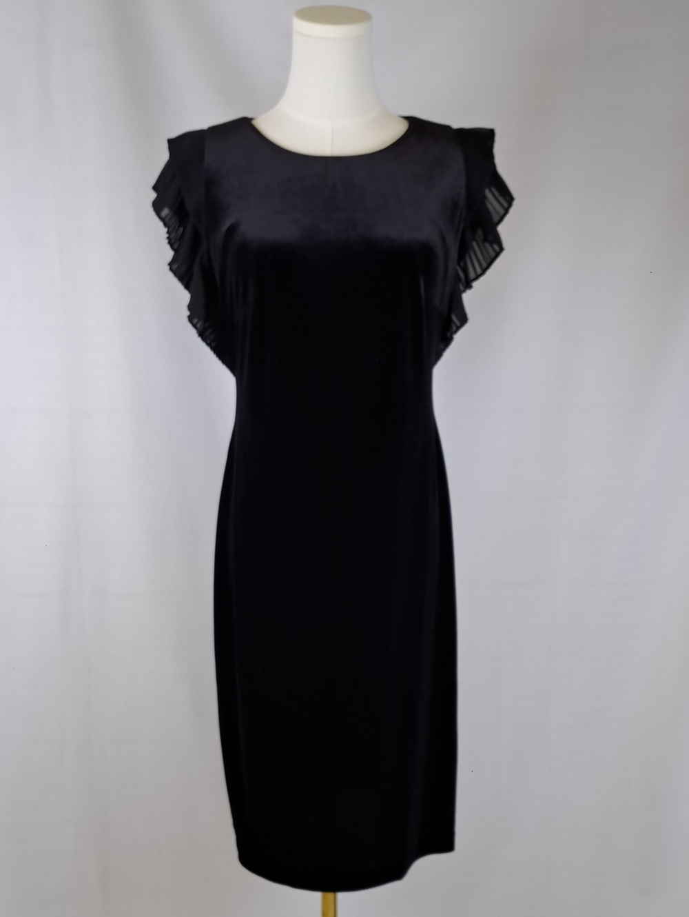 Harper Rose Black Velvet Midi Dress Pleated Ruffled Cap Sleeve Sheath Size 6